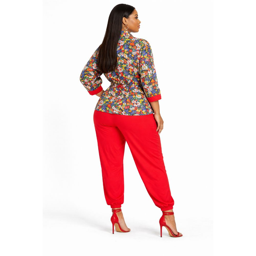 Floral Print Top and Red Trousers Two Piece Set